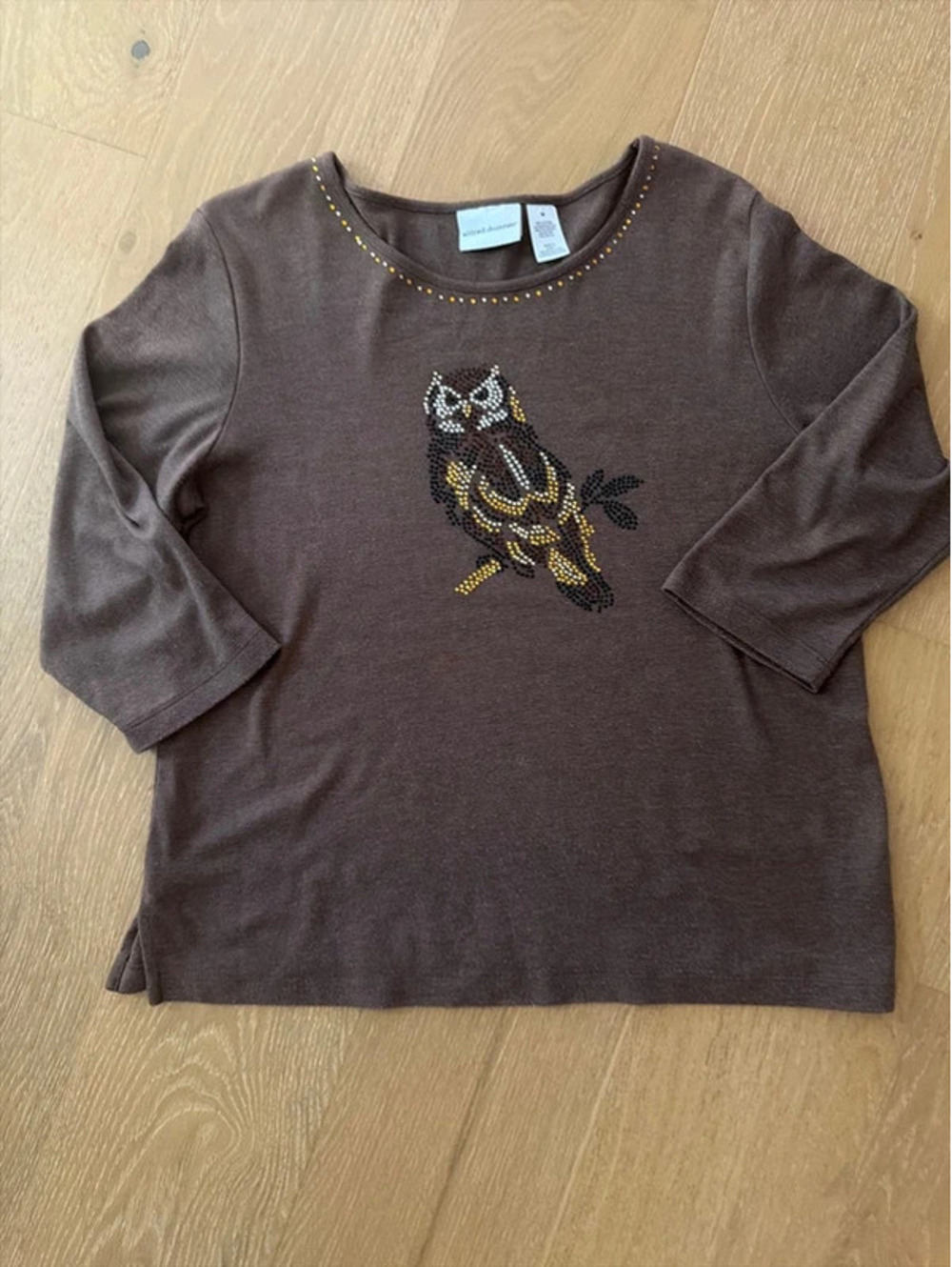 Alfred Dunner Women’s Medium Brown Owl Embellished Sweater Top